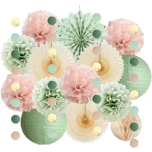 Sage Green & Blush Pink Party Decorations - Paper Lanterns, Cream Paper Fans, Light Pink Tissue Paper Pom Poms for Birthday, Baby Shower, Bridal Shower & Wedding