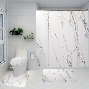 Marble Pattern Bathroom Set Includes Shower Curtain and Rug, Non-Slip Bath Mat, U-Shaped Toilet Lid Cover Pad, Modern Home Decor Accessories, Shower Curtain Sets