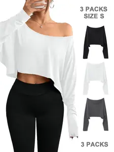 Women's Solid Crop Tee Set, Casual Long Sleeve T-shirt for Spring & Fall, Top