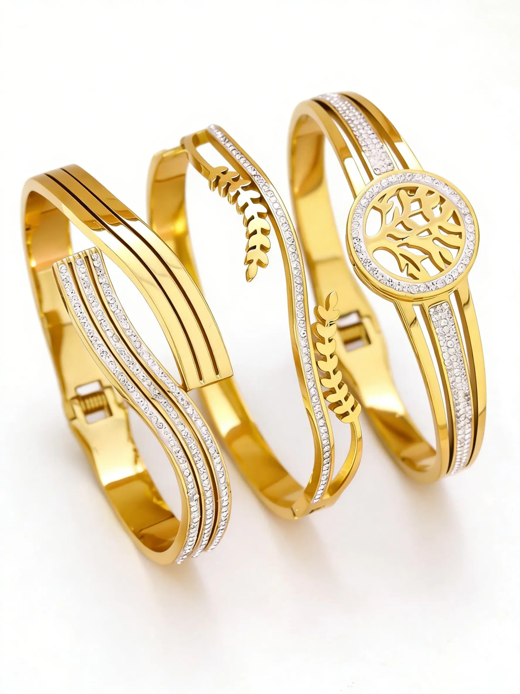 Elegant Stainless Steel Tree Leaf Bracelet, Rhinestone Buckle Design, Non-Fading Luxury Style Jewelry for Women, Stainless Steel Bangle