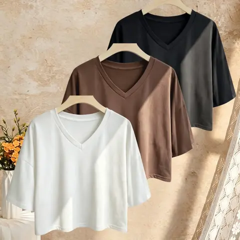 American Casual V-Neck Short Sleeve T-Shirt, Loose Drop Shoulder Slim Fit, Versatile Basic Top, 3-Piece Set, Plain Pattern