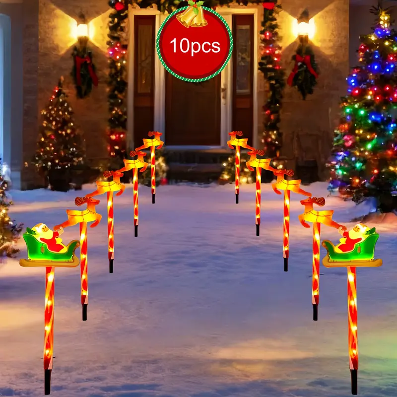 5-Piece Plastic Solar Decorative Lights - Santa Claus & Reindeer Pattern, IPX4 Waterproof, Auto-Lighting, Daytime Charging, Art Deco Decoration, Outdoor Christmas Lighting, Porch Christmas Decor, Festive Home Supplies