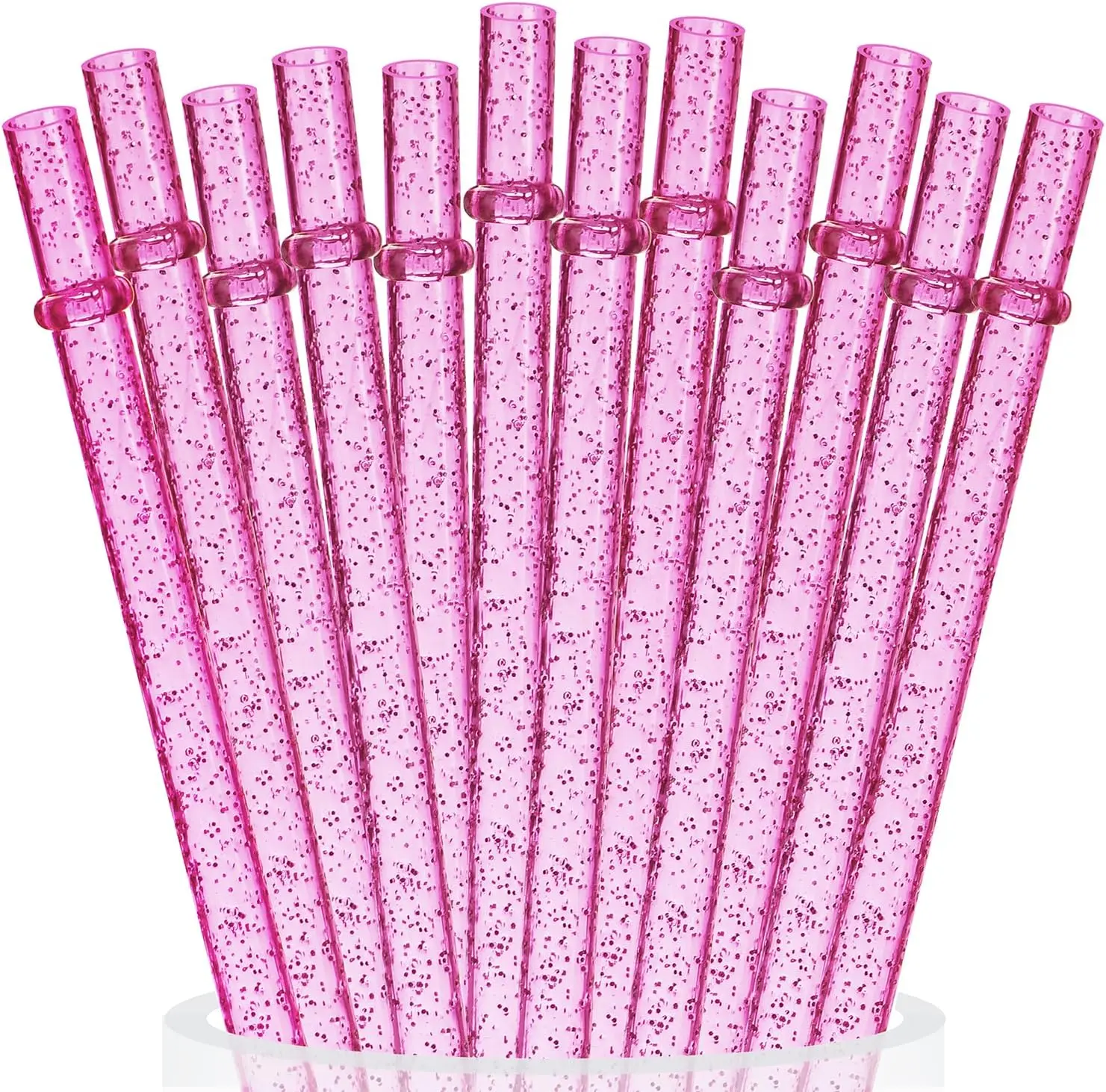 12PCS Reusable Clear Pink Glitter Straws, 11" Long Hard Plastic Tumbler Drinking Straws with Cleaning Brush