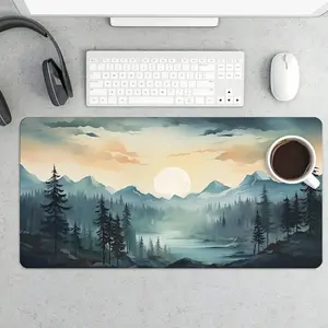 Foggy Pine Forest Green Aesthetic Mountain Keyboard Mat, with anti slip base, suitable for computers, laptops and office desks. This protective mouse pad is an excellent gift for gamers.