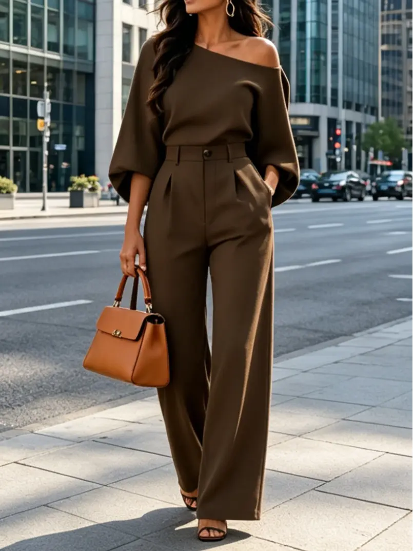 Two-piece set Spring/Summer women’s off-shoulder long-sleeve elegant top and loose pants;  with a one-shoulder design and asymmetrical details, suitable for going out, travel, and vacations,Button,2 piece sets , Casual Chic Womenswear