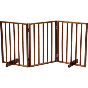 BONNLO Free Standing Dog Gate Indoor, Foldable Pet Gate for Dogs and Puppy, 24" Height Wooden Dog Gates for Doorways Extra Wide/Stairs/Hallways (Brown, 3 Panel)