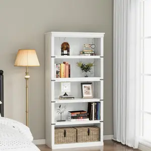 Garvee 67.4" Tall Wooden 5-Tier Bookcase with Modern Wide Storage Space and Anti-Tip Kit, Farmhouse Style Floor Standing Display Shelf for Living Room/Bedroom/Office, Antique White