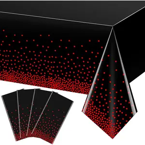 4 Pack Red and Black Dot Plastic Tablecloth, Red Stamping Dot Confetti Rectangle Plastic Disposable Table Cover for Birthday Wedding Baby Shower Engagement Anniversary Party Decorations, 54 x 108 Inch