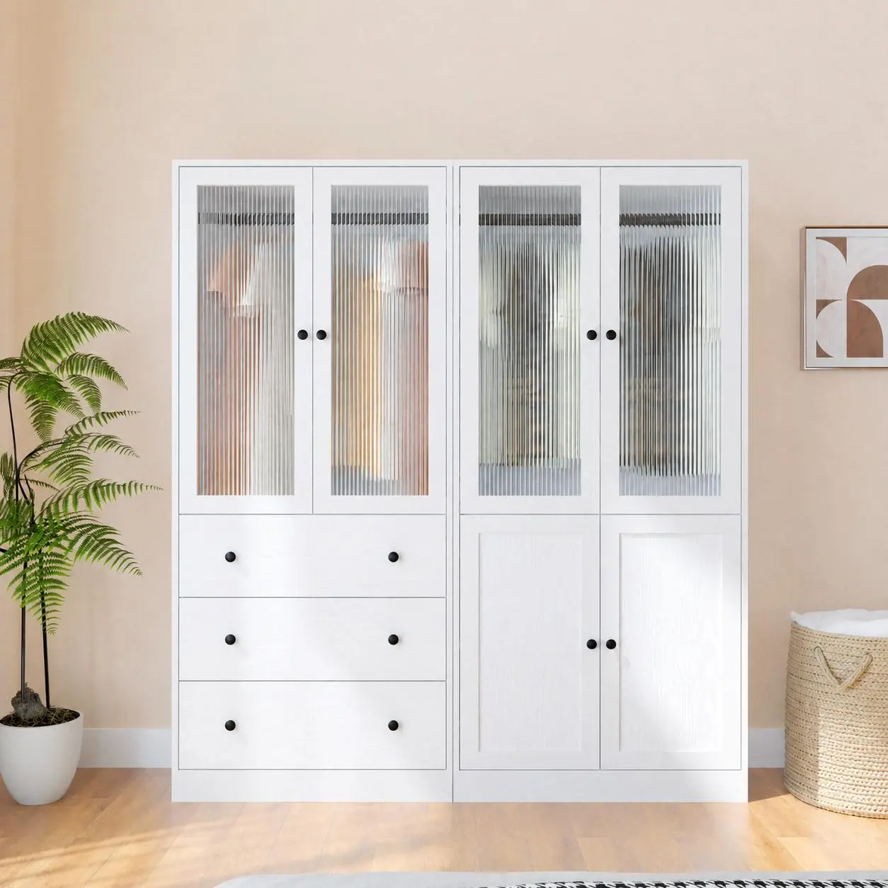 VOWNER Fluted Glass Wardrobe Armoire with 3 Drawers & 2 Doors, Modern White Closet Clothes Storage Cabinet for Bedroom