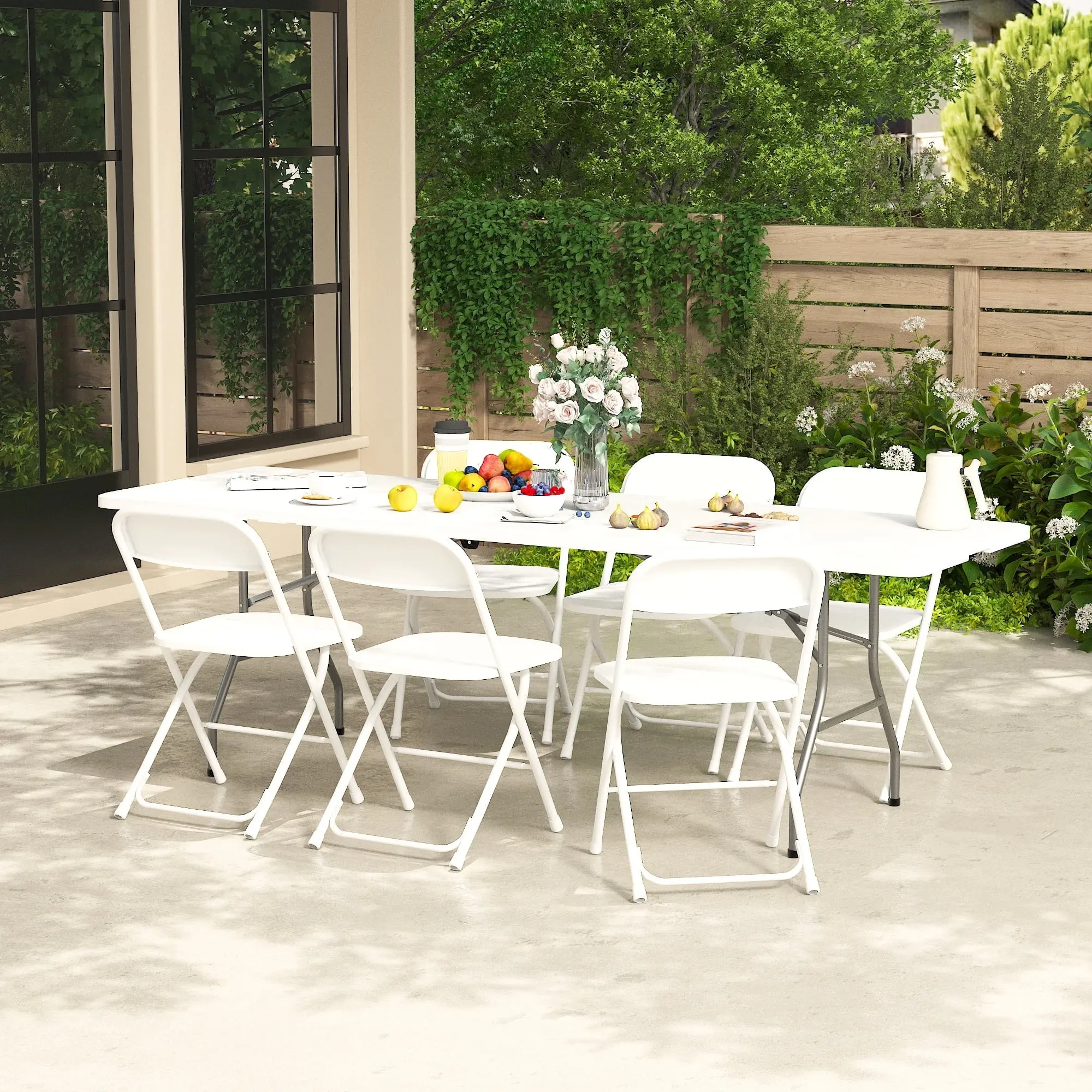 White 6-ft Plastic Folding Table – Compact Fold-in-Half Design, Your Go-To Space-Saving Solution for Outdoor Gatherings