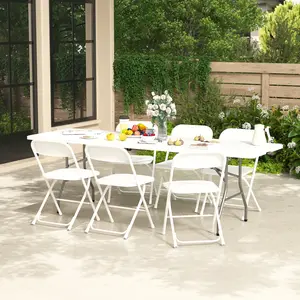 White 6-ft Plastic Folding Table – Compact Fold-in-Half Design, Your Go-To Space-Saving Solution for Outdoor Gatherings
