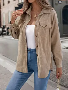 Women's Solid Button Front Corduroy Jacket, Casual Drop Shoulder Long-sleeved Outerwear for Fall & Winter, Ladies Clothes for Daily Wear