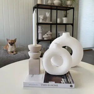 Modern Ceramic Vases for Home Decor Set of 2 Round Donut Vases in White Color Perfect for Bookshelf Mantel Flower Centerpieces Minimalist Ornaments