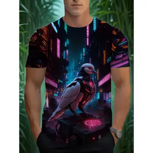 Cyberpunk Men's Graphic T-Shirt Futuristic Neon City Night Scene with Glowing Pigeons and Holographic Text, Black with Pink and Blue Accents, Stretch Fabric Short-sleeved Round-neck Casual Summer T-shirt Suitable for Anime Conventions and Casual