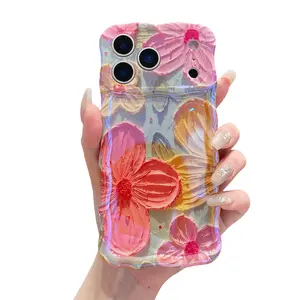 Flower Oil Painting Case for iPhone 17 Pro Max Air 16 15 14 13 12 Pro Max with Colorful Flower Pattern Cute Curly Wave Frame Phone Case Protection, Gift for Girls & Women