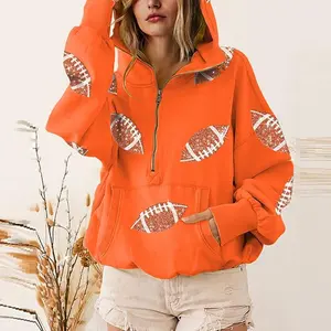 Women’s football game day sequin hoodies, long-sleeve zip-up sweatshirts with pocket, tailgate outfits