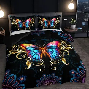 3-Piece Gold Butterfly Pattern Print Bedding Set (1 Fitted Sheet + 2 Pillowcases), Polyester Fiber Material, Universal Fit, No Quilt Included