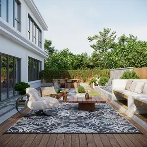 9' x 18' Waterproof Reversible Plastic Straw Outdoor Rug, Gray & White Floral Patio Decor Mat, Portable Camping Carpet for RV Backyard