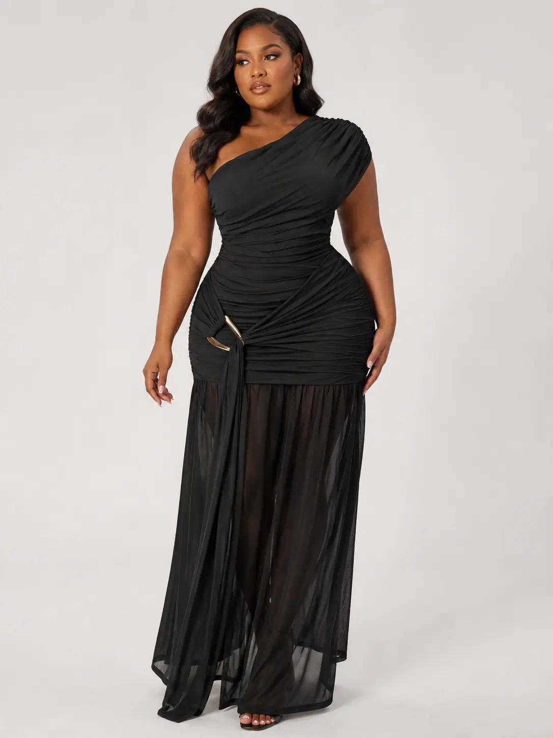 Sculpt Touch Women's One Shoulder Cut Out Mesh Maxi Dress Ruched High Slit Bodycon Formal Evening Dress