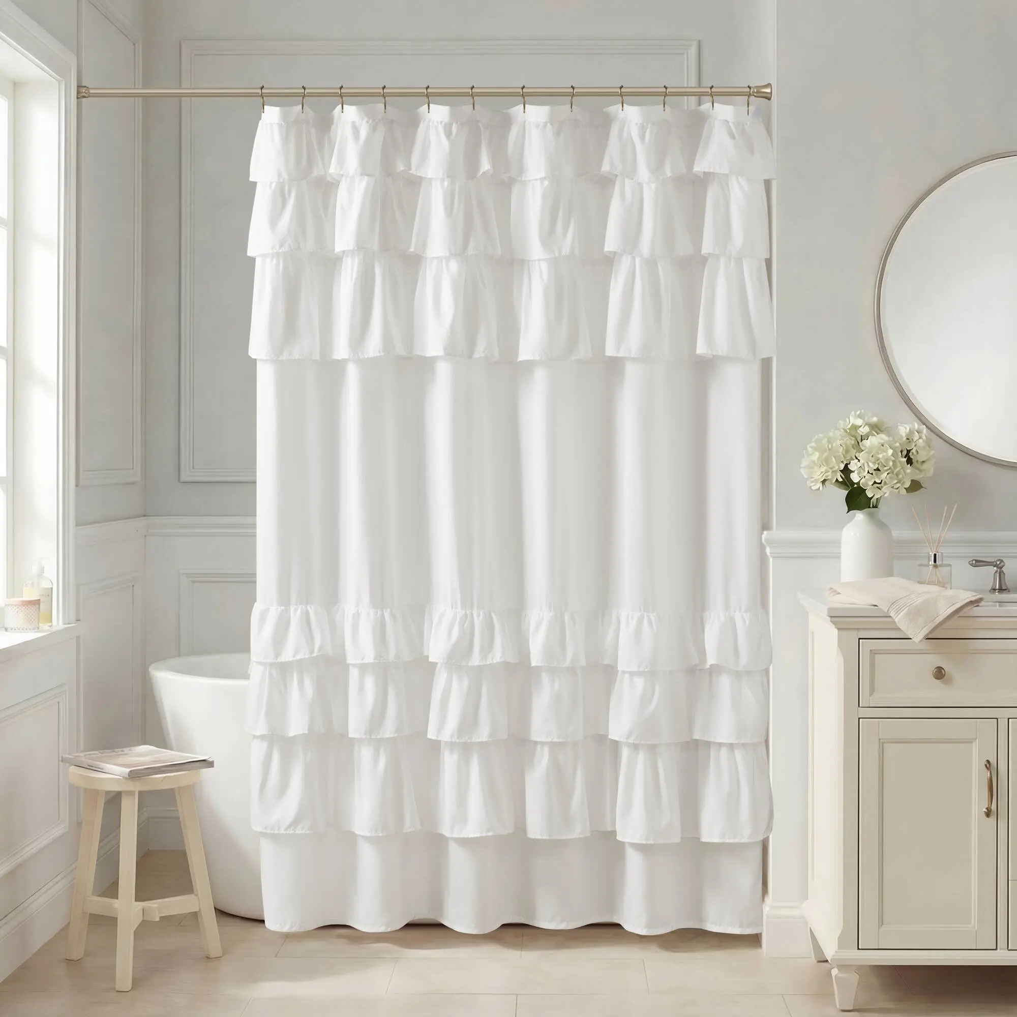 72x84 Inch Ruffled Shower Curtain, 1-Piece Water-Repellent Polyester Fabric, Elegant Ruffle Design for Hotel-Style Bathroom Privacy, Machine Washable, White