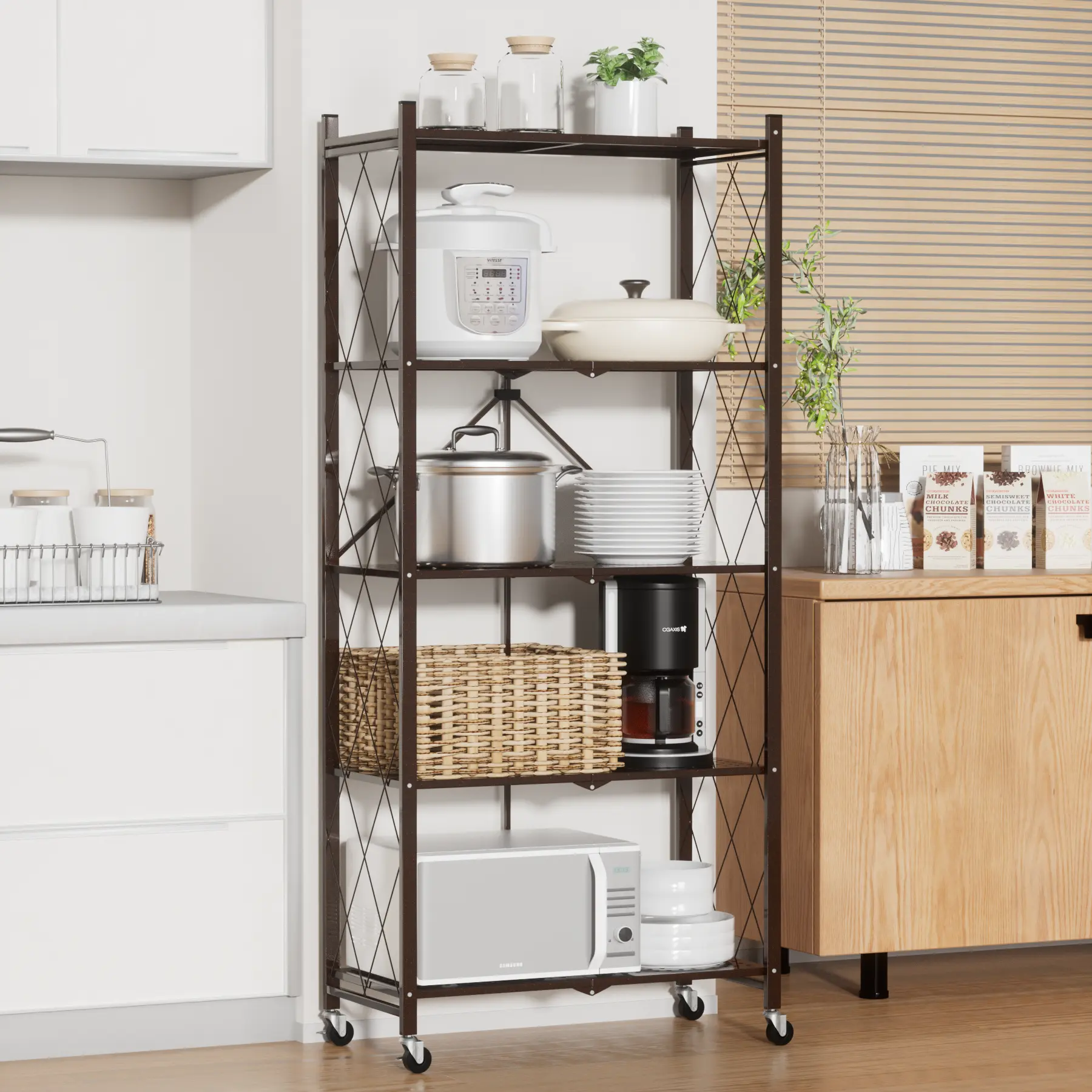 70.7" H Large Storage Shelves,5 Tier Bookshelf with Wheels,Foldable Collapsible Shelving Unit Display,Heavy Duty Rolling Organizer for Kitchen, Garage, Closet, Pantry,Brown Rack Cabinets ,1 Pack