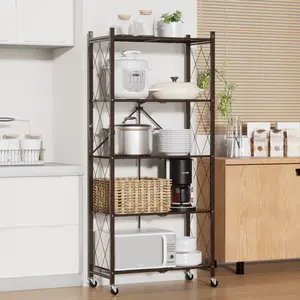 70.7" H Large Storage Shelves,5 Tier Bookshelf with Wheels,Foldable Collapsible Shelving Unit Display,Heavy Duty Rolling Organizer for Kitchen, Garage, Closet, Pantry,Brown Rack Cabinets ,1 Pack