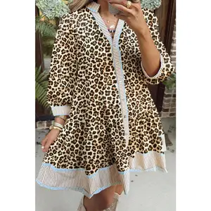 Khaki Plus Size Leopard Print Striped Trim V Neck Drop Waist Long Sleeve Mini Dress
