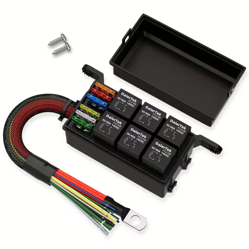 EUNIK 12V Automotive Relay Fuse Box - 6-Slot 12v System Universal Pre-Wired Fuse Block Kit for Cars, Trucks