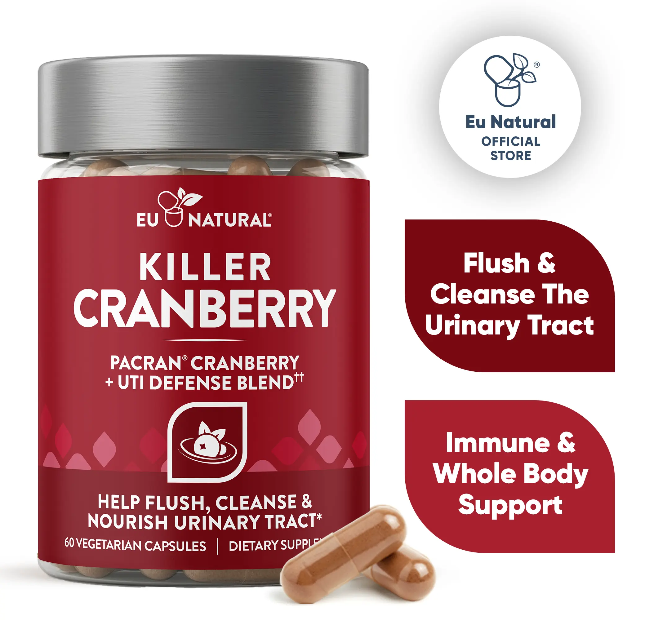 Eu Natural Killer Cranberry Pills for Women - 60 Fast-Acting Capsules - Clinically Studied UTI Defense Blend with Cranberry, Pine Bark, Propolis & Vitamin D - Vegetarian, Gluten-Free - Urinary Health Support Supplement Bathroom
