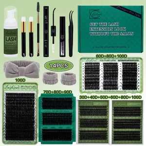 LASHSUN 14PCS BIG KIT, DIY Lash Clusters D Curl High Capacity  Mixed Length 8 styles Volume & 3D Effect Cluster Lashes Kit, Kit with Bond&Seal Lash Remover Lash Brush Headband Wristband Tweezers Lash Shampoo & Brush
