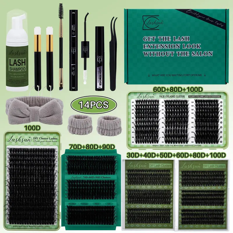LASHSUN 14PCS Set, Eyelashes Set, DIY Makeup Lashes, DIY Lash Clusters D Curl Mixed Length Volume & 3D Effect Cluster Lashes, Eyelash Extensions, with Bond&Seal Lash Remover Lash Brush Headband Wristband Tweezers Lash Shampoo & Brush