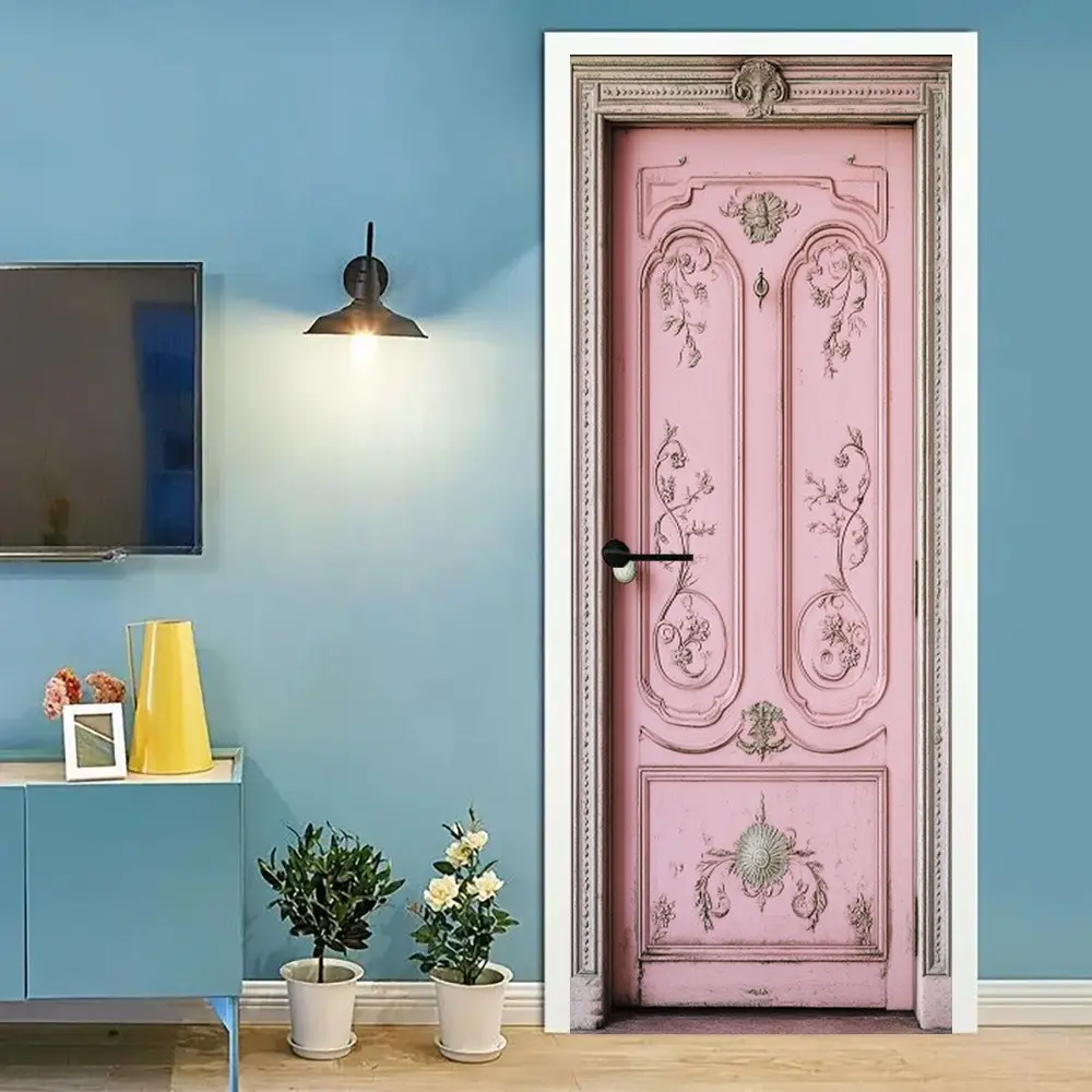 2D Flat Flower Pattern Door Decal, Door Stickers Decor, Removable Door Wall Mural, Home Décor, 1pc Poster