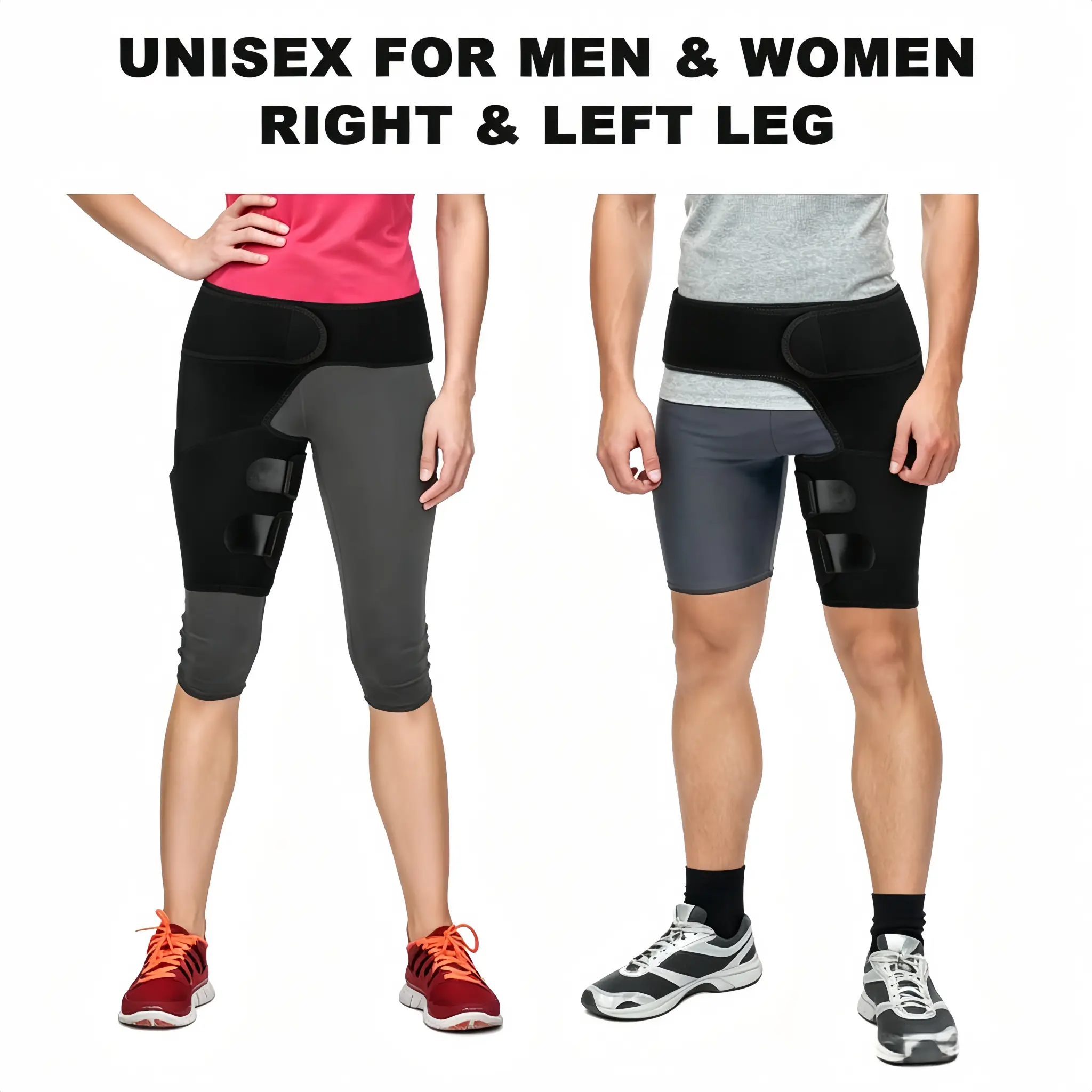 Hip Thigh Support Brace with Elastic Straps, Sturdy Patch, Highly Elastic Breathable Adjustable Compression Sleeve, Fits Left & Right Leg, Ideal for Tennis, Cycling, Athletic Activities, Chronic Pain Management
