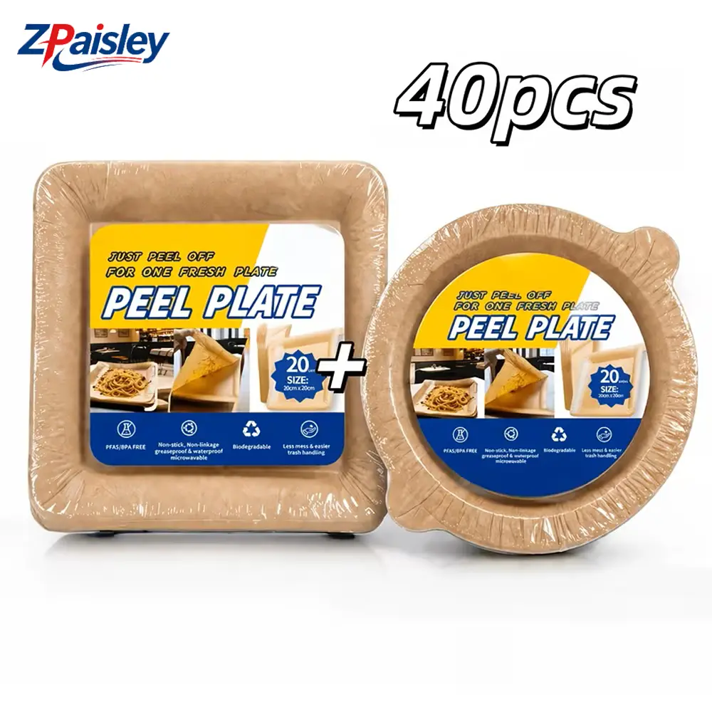 40Pcs Disposable Peel Away Paper Plates with Reusable Base, Heavy Duty Leakproof Greaseproof Microwave Safe Biodegradable Dinnerware, PFAS Free Stackable Trays for Camping Picnic Party Home Office