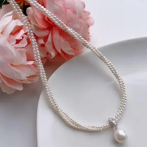 Piswency S925 Sterling Silver 3-Strand Twist Pearl Necklace, Large Genuine Freshwater Pearl Pendant, Wedding Pearl Necklace, Gift for Her