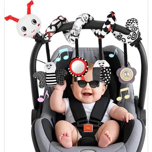 X-PLT14 Car Seat Toys for Babies, 0-6 Months Stroller Activity Black White Baby Spiral Plush Toys Newborn High Contrast Sensory Carseat Toys with 4 Pendants Hanging Boys Girls Gift