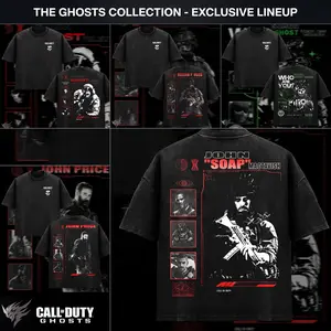 Call Of Duty Ghosts Collection T-Shirt, Simon Ghost Riley John Soap Price Keegan Russ Graphic Tee, Skull Logo Front Chest Back Print, Vintage Black Wash Heavyweight Cotton, Oversized Drop Shoulder Streetwear Gaming Apparel
