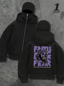 Men's Jesus Print Zip Up Hoodie, Casual Regular Fit Long Sleeve Zip Front Hooded Jacket for Fall & Winter, Fashion Men's Clothes for Daily Wear, Sweatshirts