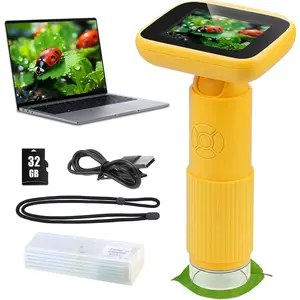 Microscope for Kids with 5 Slides, Adjustable 2.4inch IPS LCD Screen 1000X 1080P 32GB Card Digital Handheld Mini Portable Pocket Science Toy Gift for Boys Girls Aged 3-12