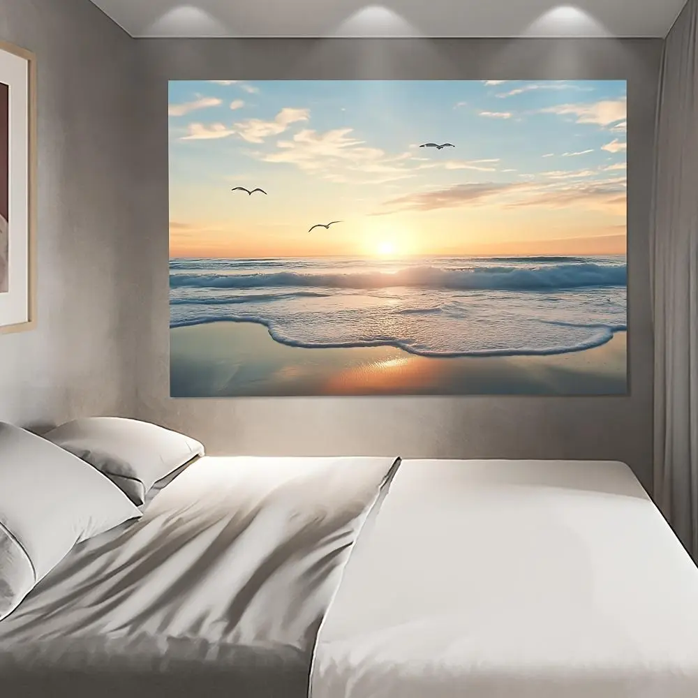 Tropical Beach Sunset Polyester Print Wall Mural - 1pc Artistic Ocean Waves Design, Reusable Modern Home Decor for Living Room, Party Backdrop & Photo Prop