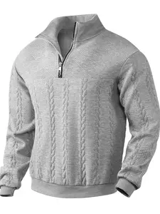 Men's Solid Jacquard Half Zip Up Sweatshirt, Loose Casual Long Sleeve Collared Pullover for Fall & Winter, Men's Clothes for Daily Wear