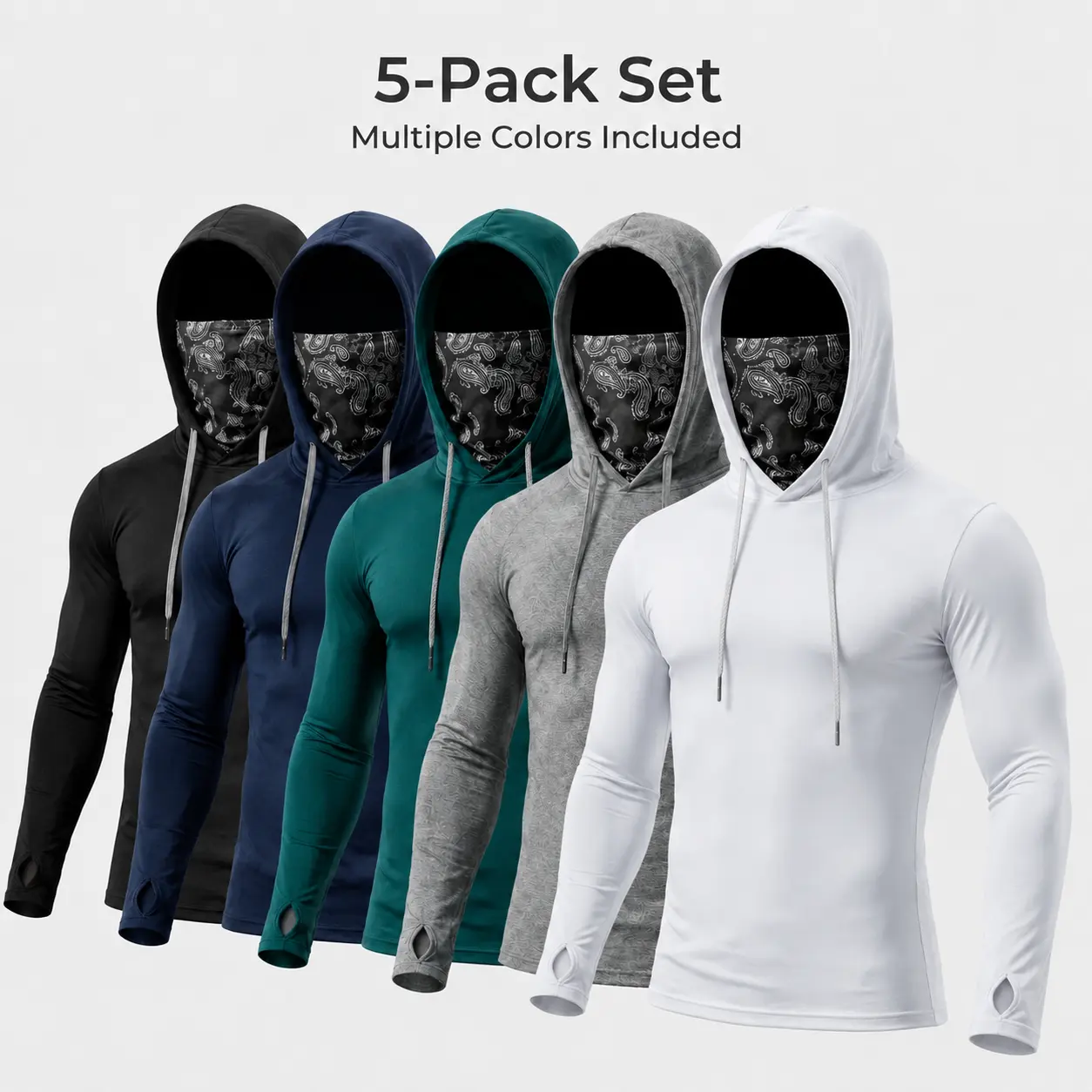 Unisex 6 Piece Quick Dry Cooling Hoodies with Face Cover, Breathable Long Sleeve Compression Shirts, Lightweight Sun Protection Athletic Tops, Stretch Performance Activewear for Fishing, Running, Hiking, Construction and Outdoor Activities
