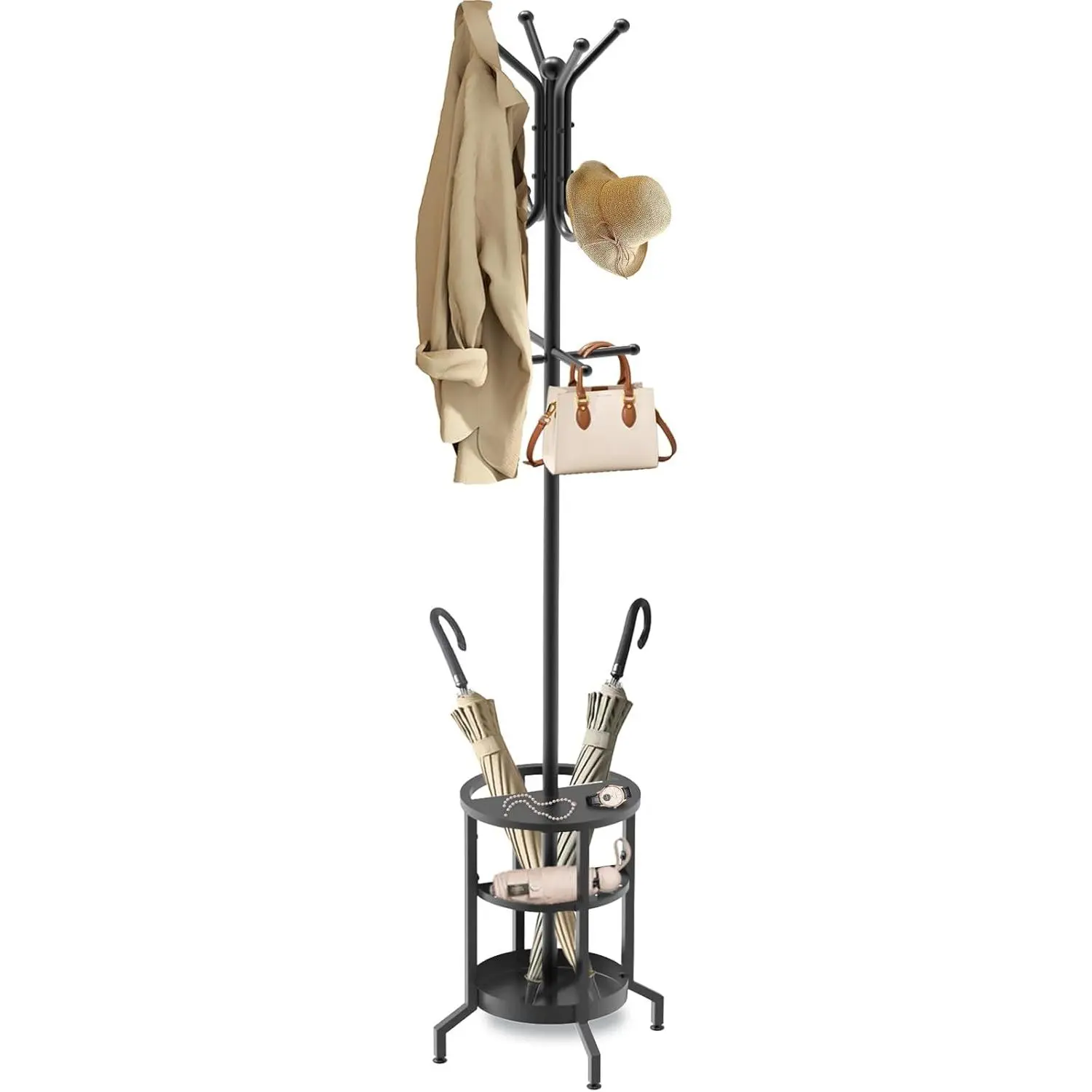 Coat Rack Freestanding, Coat Stand with Umbrella Holder, Metal Coat Tree with 12 Hooks, Coat Hanger Stand for Entryway, Coat Rack Stand for Bedroom, Living Room & Office