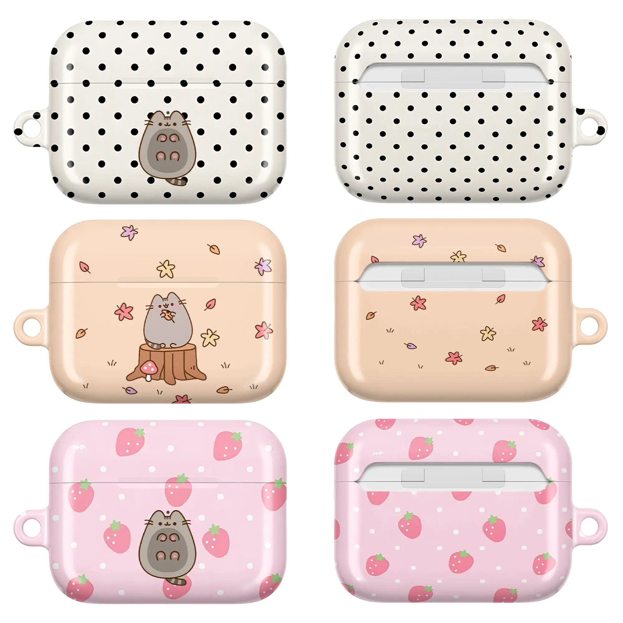 Kawaii Pusheen AirPods Case – Cute Polka Dot, Autumn Leaves & Strawberry Pattern Protective Cover for Apple AirPods Pro/Pro 2/Pro 3 & AirPods 1/2/3/4 – Soft Shockproof Pink Beige Aesthetic Case, Cute Gift for Girls & Women
