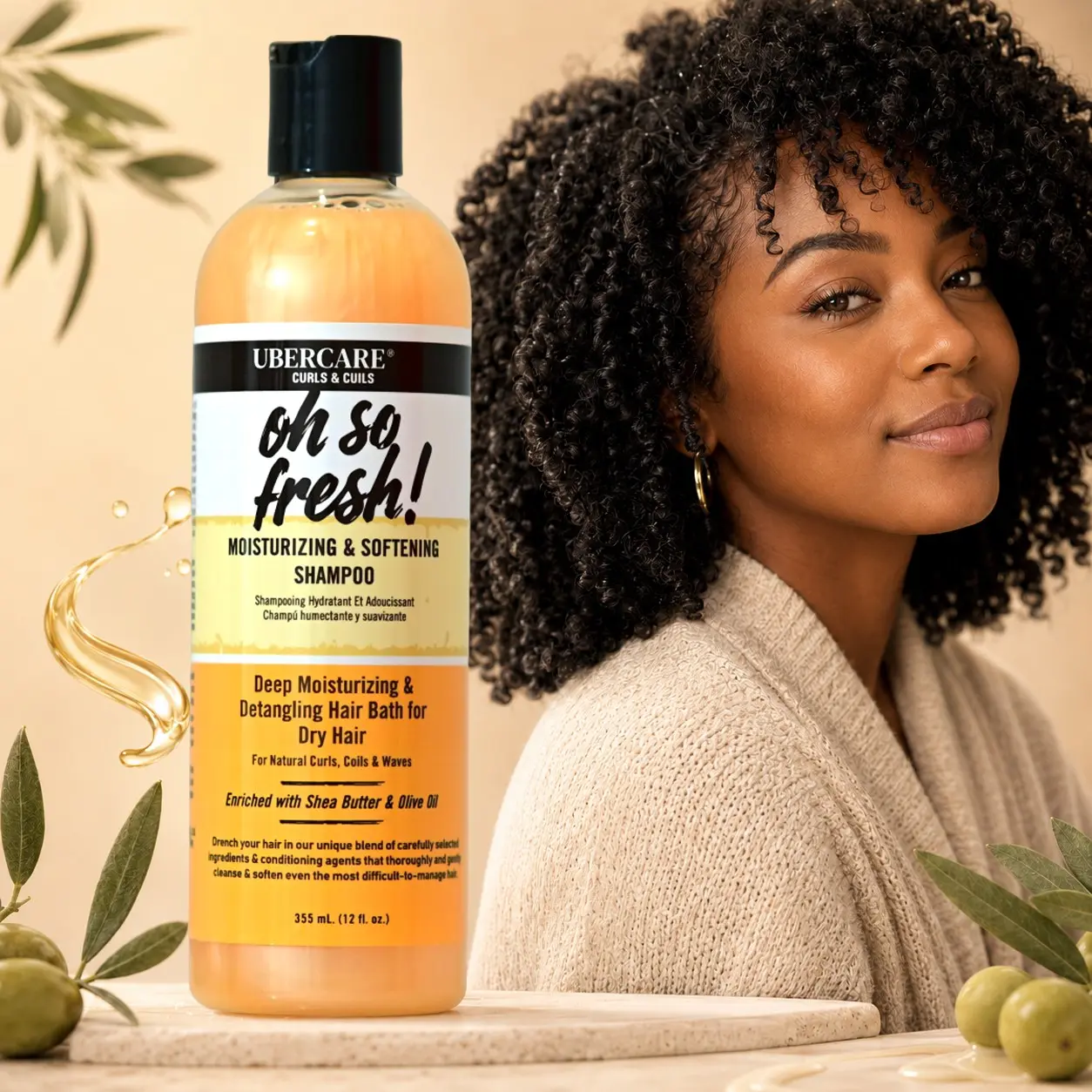 Moisturizing & Softening Shampoo For Curly Coily Wavy Hair, Shea Butter & Olive Oil Cleansing Hair Wash, Helps Ease Tangles, Detangle Smoothing Hydration, Soft Clean Feel For Dry Textured Hair