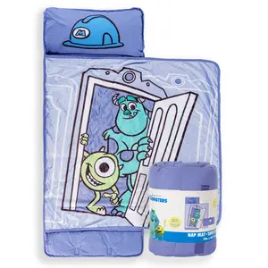 Jay Franco Kids Nap Mat with Embedded Pillow & Blanket  Monsters Inc Soft 46"x20" Microfiber Sleeping Bag with Name Tag & Handle for School, Travel, Sleepover, Purple