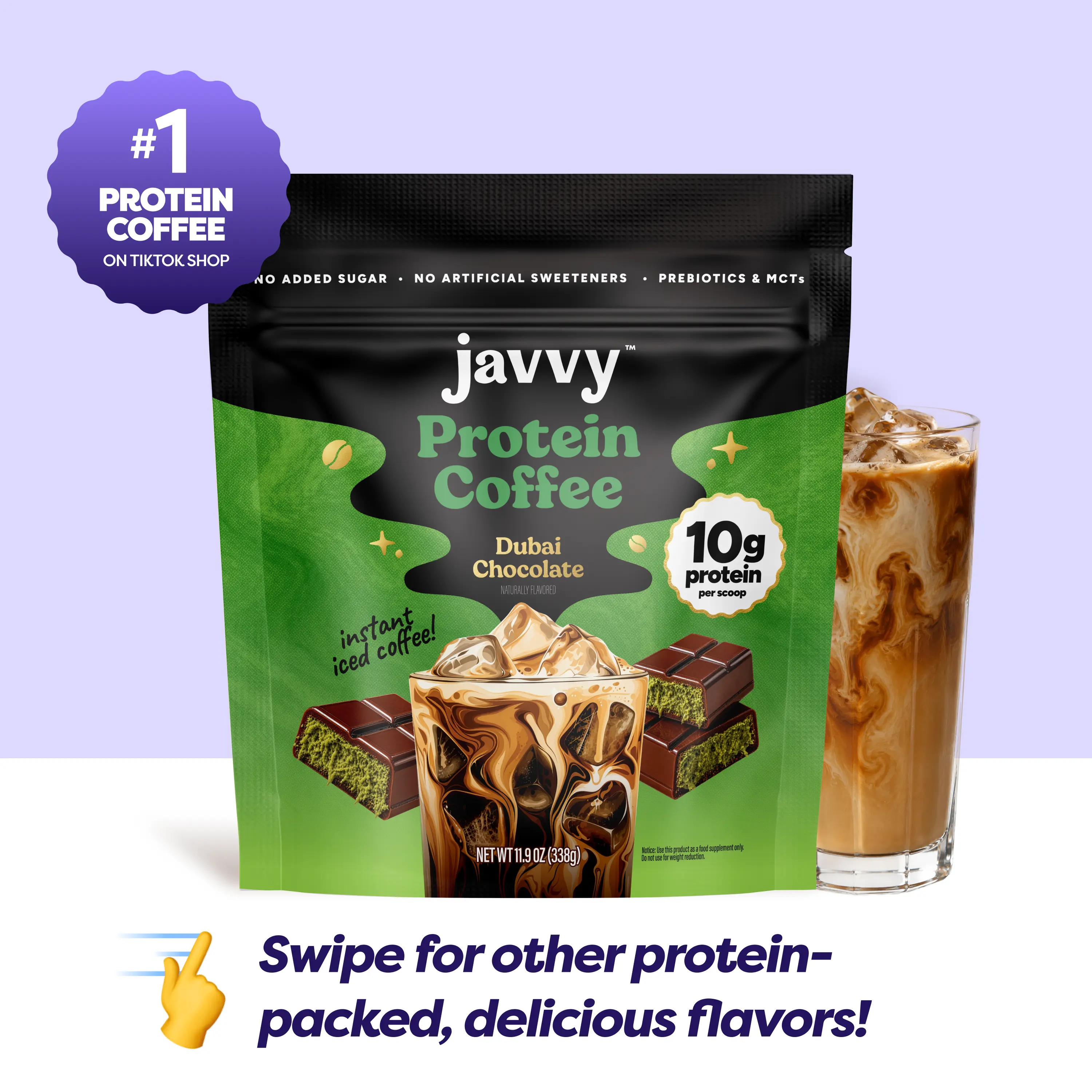 Javvy Dubai Chocolate Protein Iced Coffee - Premium Whey Protein & Instant Iced Coffees - 100% Natural Cold Brew - Zero Artificial Flavors & Sweeteners, 80 mg Caffeine, No Added Sugar, 20 Servings