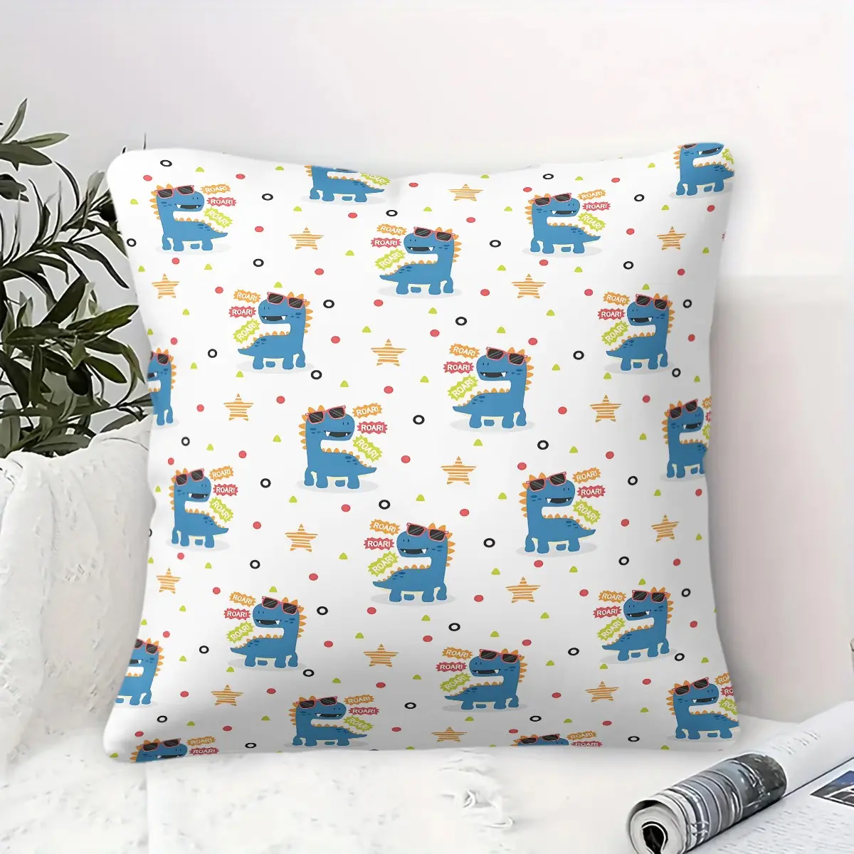Cartoon Dinosaur Print Cushion, Cute and Fresh, Perfect for Sofas, Beds, Living Rooms, and Rustic Decor. Dinosaur Cushions Loved by Boys and Girls, Makes a Perfect Gift. Includes Cushion Insert