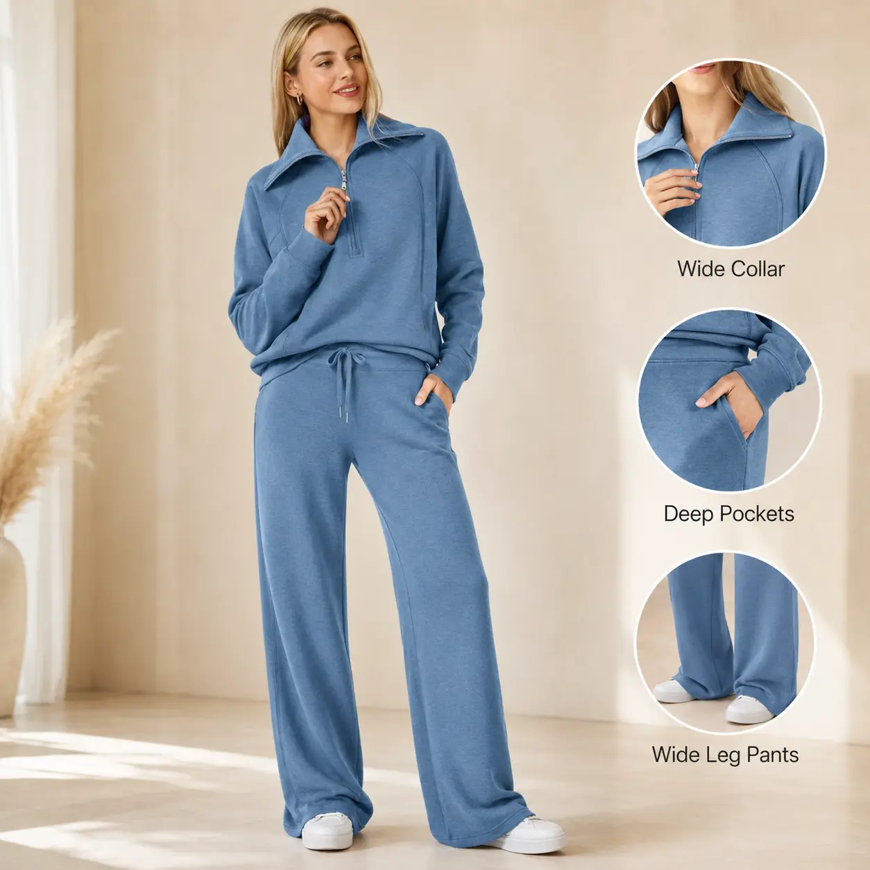 OFEEFAN Womenswear Lounge Sets For Women 2026 Half Zip Sweatshirt And Wide Leg Sweatpant 2 Piece Outfits Sweatsuit Tracksuit Fashion Enthusiast  Casual Outing