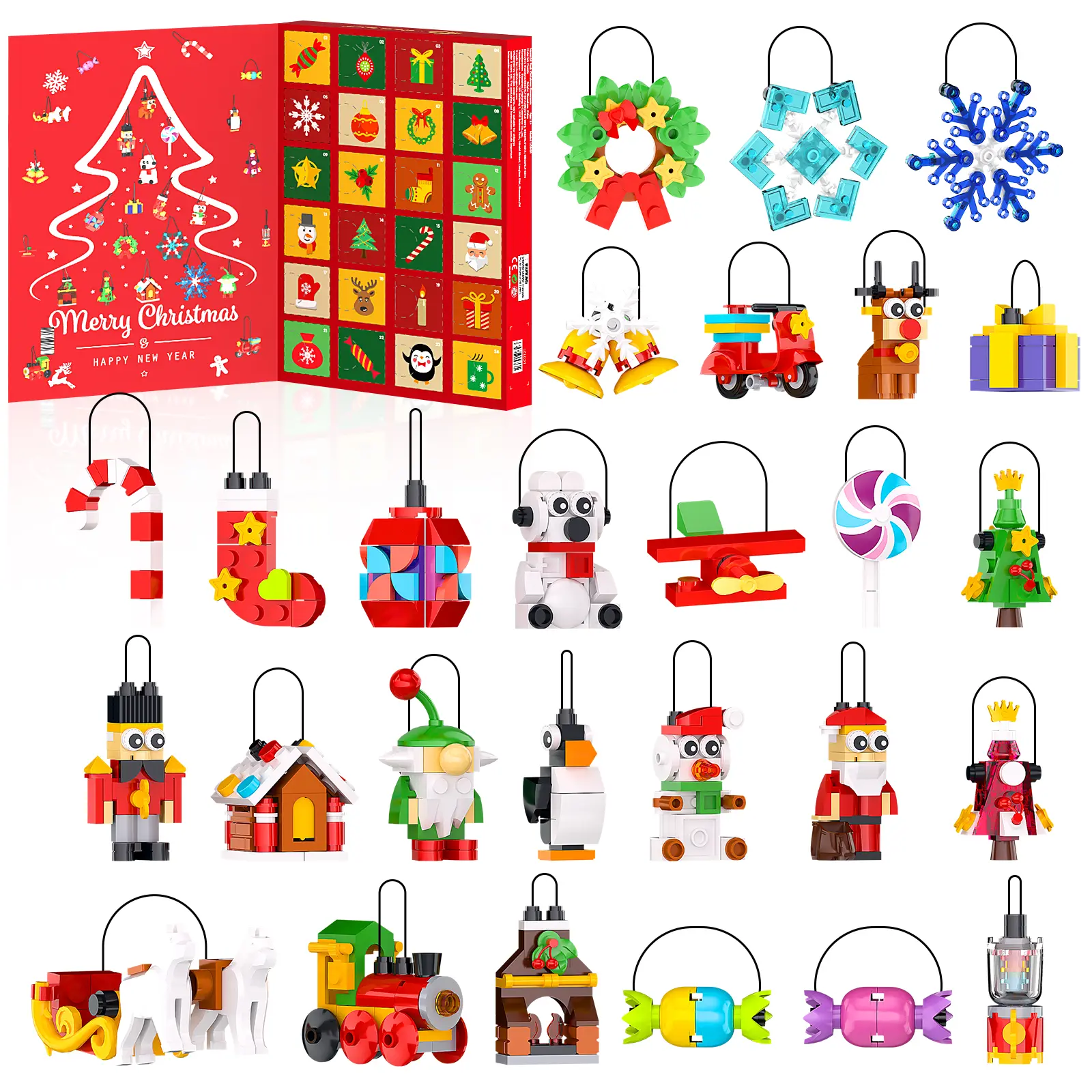 TENHORSES 24 Days Christmas Countdown Ornaments Building Set,holiday building blocks, with Hanging Tree Wreath Santa Snowman Gingerbread Reindeer Nutcracker Snowflakes Xmas Stocking Stuffer Toy Gift for Kids Girls Boys Ages 6+building bricks toy
